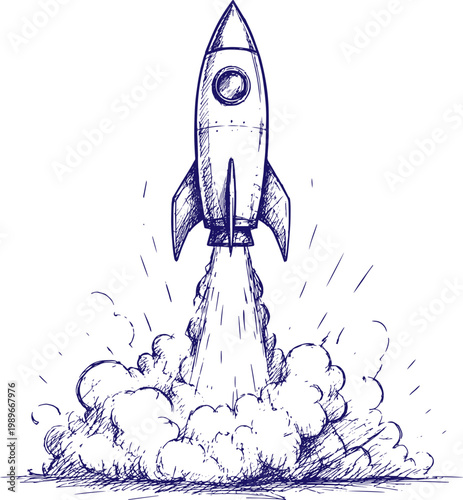 Hand Drawn Sketch of Rocket Taking Off Vector Illustration, Minimalist Space Launch Line Art, Vintage Style Ink Drawing Isolated on White Background