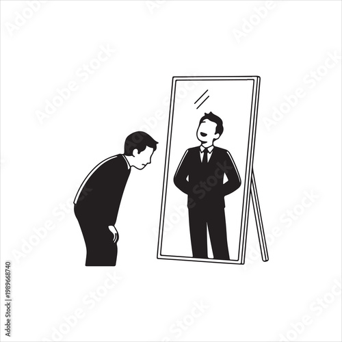 A man looking in the mirror and seeing a confident, well-dressed version of himself, symbolizing self-improvement and self-assurance