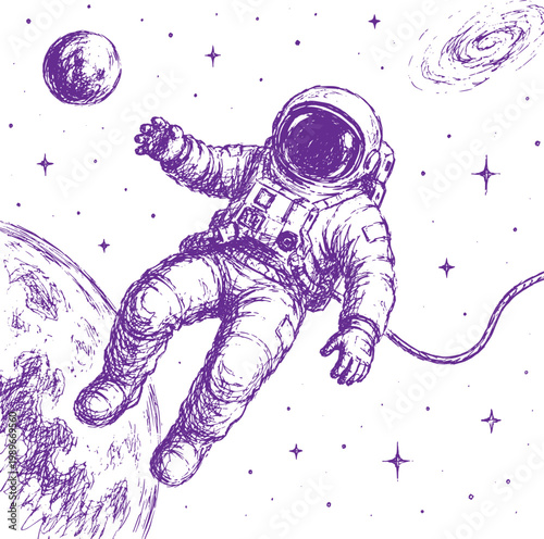 Sketch of Astronaut Floating in Space Minimalist Line Art Vector Illustration No Text Isolated Cosmic Drawing