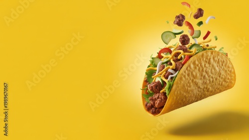 Crunchy taco with falling ingredients floating on a solid yellow background