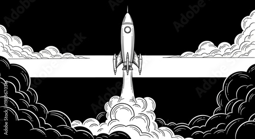 Black and white illustration of a rocket launching into space with clouds.