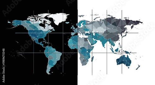 A colored world map with grid lines on black and white background.