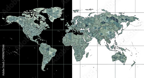 World map with grid lines and colored continents on black and white background.
