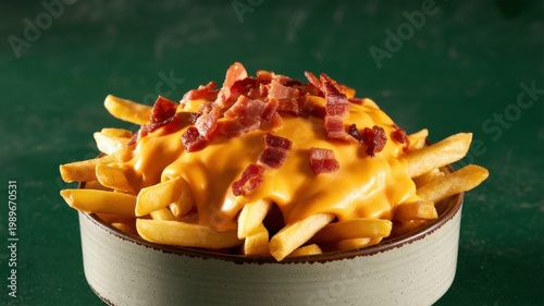 Crispy golden french fries topped with melted cheddar cheese and chopped bacon bits in a bowl
