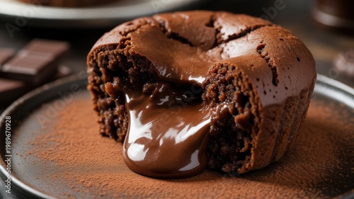Chocolate lava cake with molten center on a plate dusted with cocoa powder