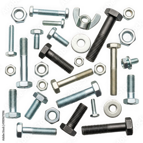 Assorted metal bolts and screws in various sizes and finishes for construction use