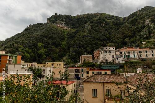 Scenic panoramic aerial inland Amalfi vista on a heavily overcast springtime day, Amalfi Coast, Campania, Southern Italy