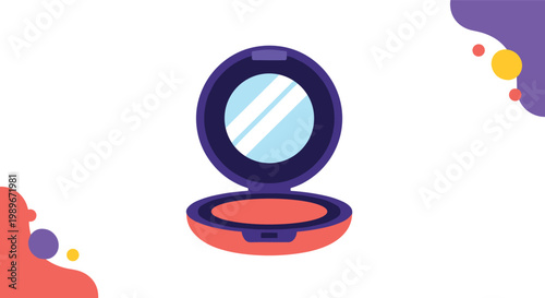 Cosmetic makeup compact mirror with pink powder foundation inside shown in a clean flat vector illustration against a colorful background.