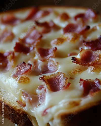 Gourmet Toast with Bacon and Melted Cheese Close Up