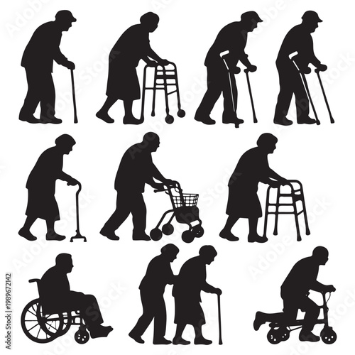 Elderly People Walking Aid Silhouettes – Senior Vector Collection