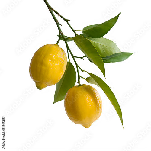 Two ripe yellow lemons hanging from a branch with green leaves, isolated on transparent background.