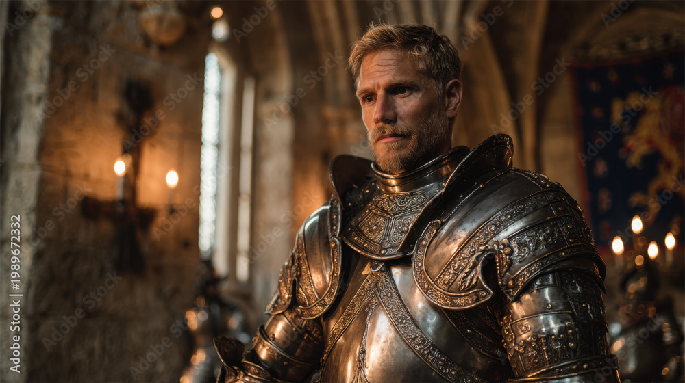 Obraz premium Confident blond knight in gleaming silver armor standing in candlelit medieval castle