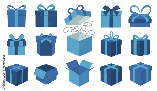 Blue Gift Box Array: A collection of blue gift boxes with ribbons, perfect for conveying the joy of gifting and celebrating special moments.