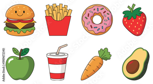 A Symphony of Nourishment: An assortment of culinary delights from a juicy burger to a fresh strawberry. The composition is a visual feast, inspiring a sense of anticipation and pure enjoyment.