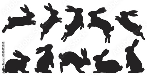 Rabbit Silhouette Collection: A collection of various silhouette of rabbits captured in dynamic poses, perfect for creative design and thematic projects.