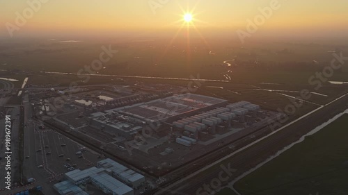 Hyperscale data center aerial view at sunset, Groningen