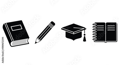 Education icons with book and cap.