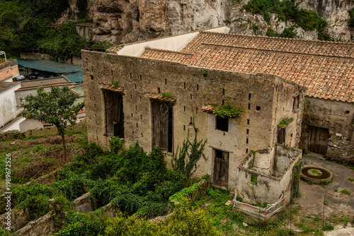 Scenic aerial vista of an old farm building in interior Amalfi in springtime, Amalfi Coast, Campania, Southern Italy 