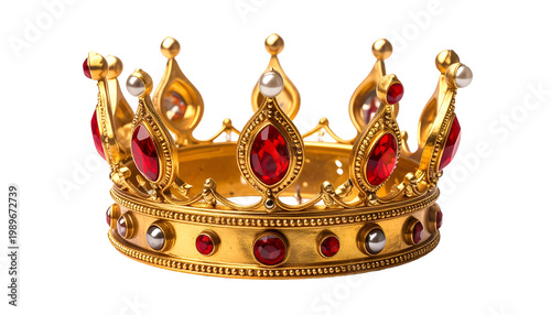 A close-up view of a detailed golden crown, showcasing red and clear gemstones with pearl accents on a transparent background