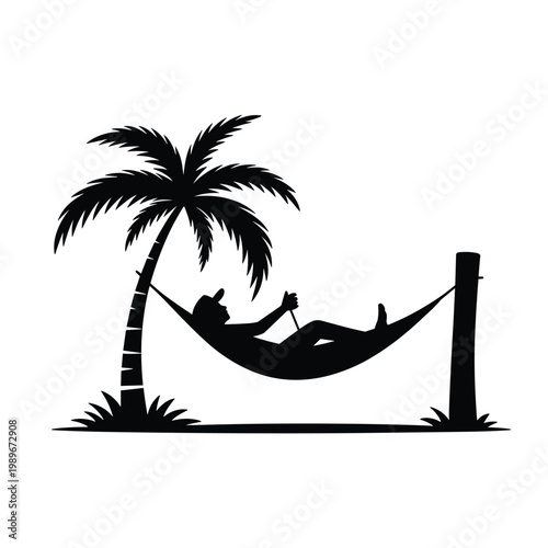 Person relaxing in hammock under palm tree silhouette vector graphic illustration with tropical vacation silhouette