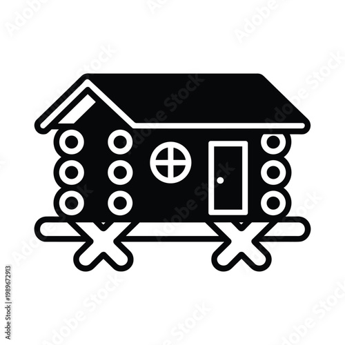 Rustic log cabin cottage silhouette icon with gabled roof round window and door standing on elevated wooden stilts