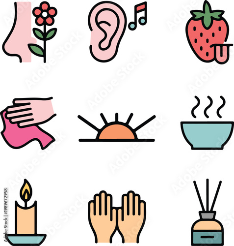 Five Senses and Sensory Perception Icon Set - Human Awareness Symbols.