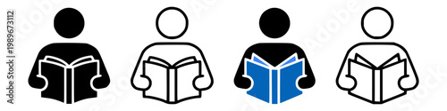Reading people icon set. Book reader, education, learning, study. Human reading book outline and solid symbols on white background - stock vector