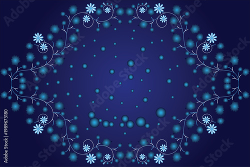 Luxury blue floral mandala frame glowing ornamental abstract background.