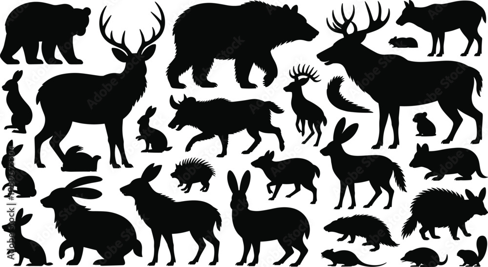 Obraz premium Silhouettes of woodland animals, forest wildlife collection, bears, deer, rabbits, wolves, squirrels, porcupines, nature mammals, black vector illustration