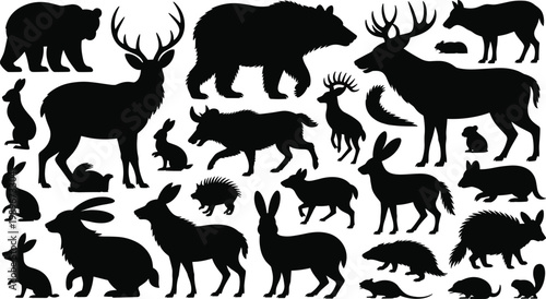 Silhouettes of woodland animals, forest wildlife collection, bears, deer, rabbits, wolves, squirrels, porcupines, nature mammals, black vector illustration