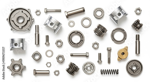 Flat lay collection of various industrial metal mechanical parts gears bolts and pistons isolated on white background