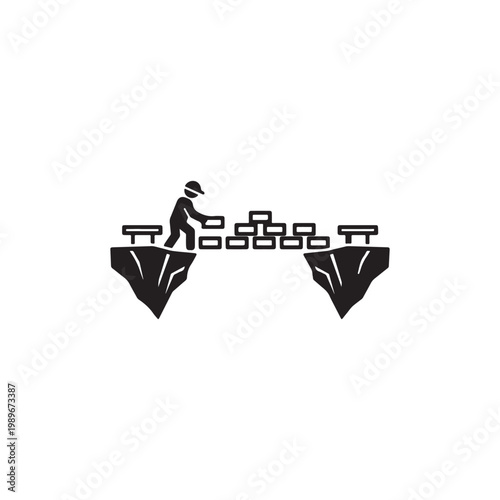 Illustrative icon depicting a builder constructing a bridge across a chasm, symbolizing progress and overcoming obstacles