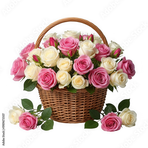 A wicker basket filled with an assortment of blooming roses