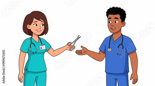 Two healthcare professionals exchanging medical scissors in a collaborative setting.