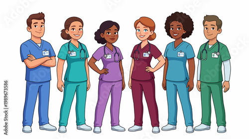 Diverse group of medical professionals standing together, ready to help patients.