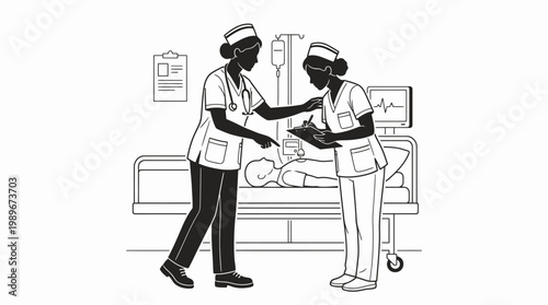 Two nurses attending to a patient in a hospital bed, providing medical care and support.