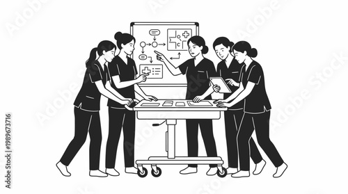 Group of medical professionals collaborating on a workflow diagram.