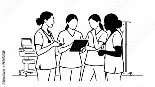 Four medical professionals in scrubs discussing patient care.