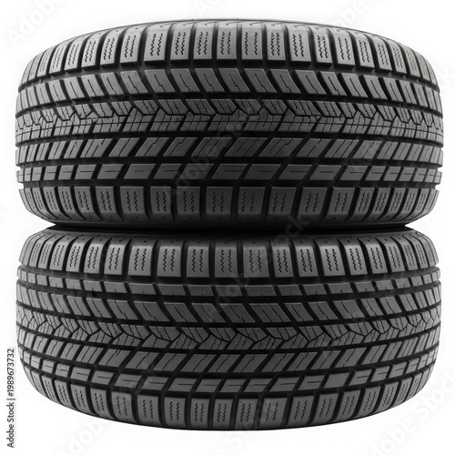 Two black all-terrain vehicle tires stacked on top of each other