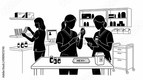 Three pharmacists diligently working in a pharmacy setting.