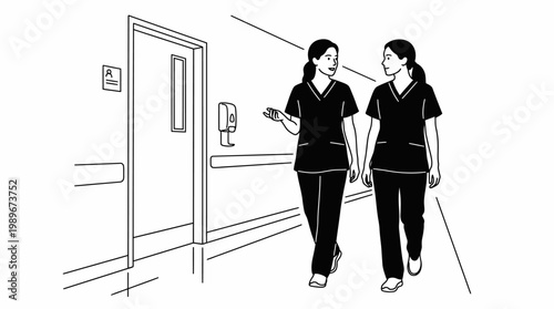 Two female nurses walking and conversing in a hospital hallway.