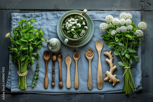 Still life flat lay of herbal medicine set with wooden spoons, fresh green herbs, ginger, and white flowers on a blue linen napkin and wooden table