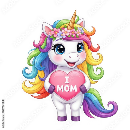 A whimsical unicorn with rainbow mane and horn standing cheerfully.