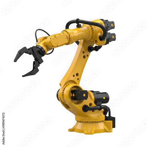 A yellow industrial robotic arm with multiple articulated joints and a gripper end effector