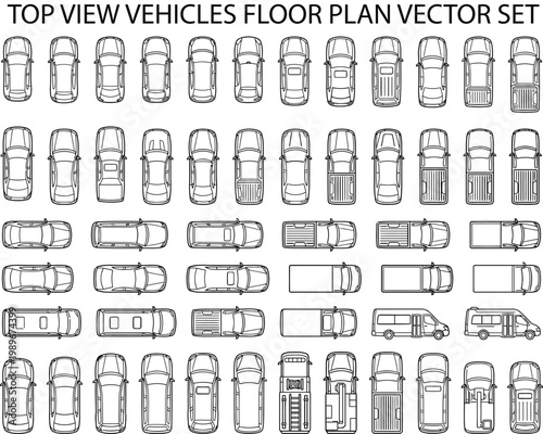 Top view cars floor plan vector set. Thin line CAD automobile icons of multiple car shapes in overhead plan view for parking layouts, traffic diagrams, city maps and architectural design