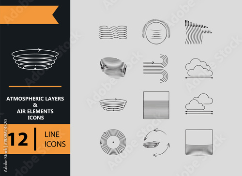 12 Atmospheric Layers and Air Elements Icons outline icon set. Clean atmospheric layers and air elements outline icons collection