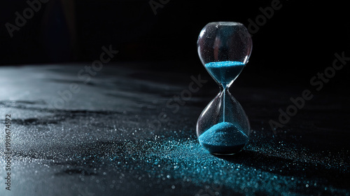 patience. A glass hourglass with blue sand on a dark background, symbolizing the passage of time. wellbeing guides, coaching materials, designed for coaching and self-improvement content.
