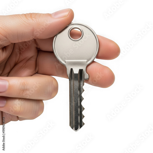 Hand holding a key with a small house-shaped keyring attachment