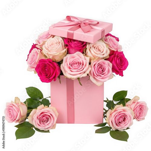 Elegant pink gift box adorned with pink roses and floral arrangements
