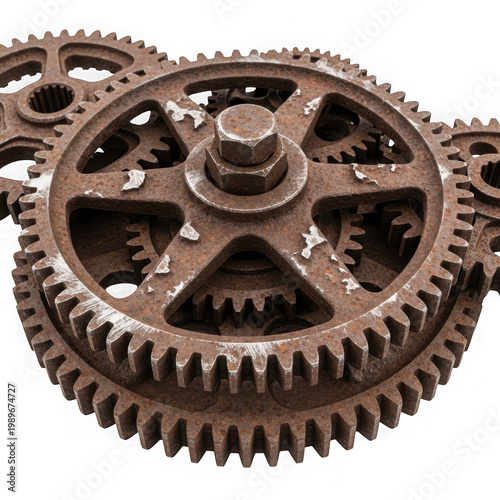 Intricate close-up of a large metallic gear system with multiple interlocking gears